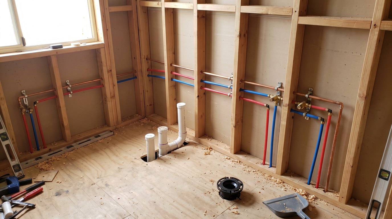 Rough-in plumbing pipes stubbed out of timber wall framing during a Hobart bathroom renovation