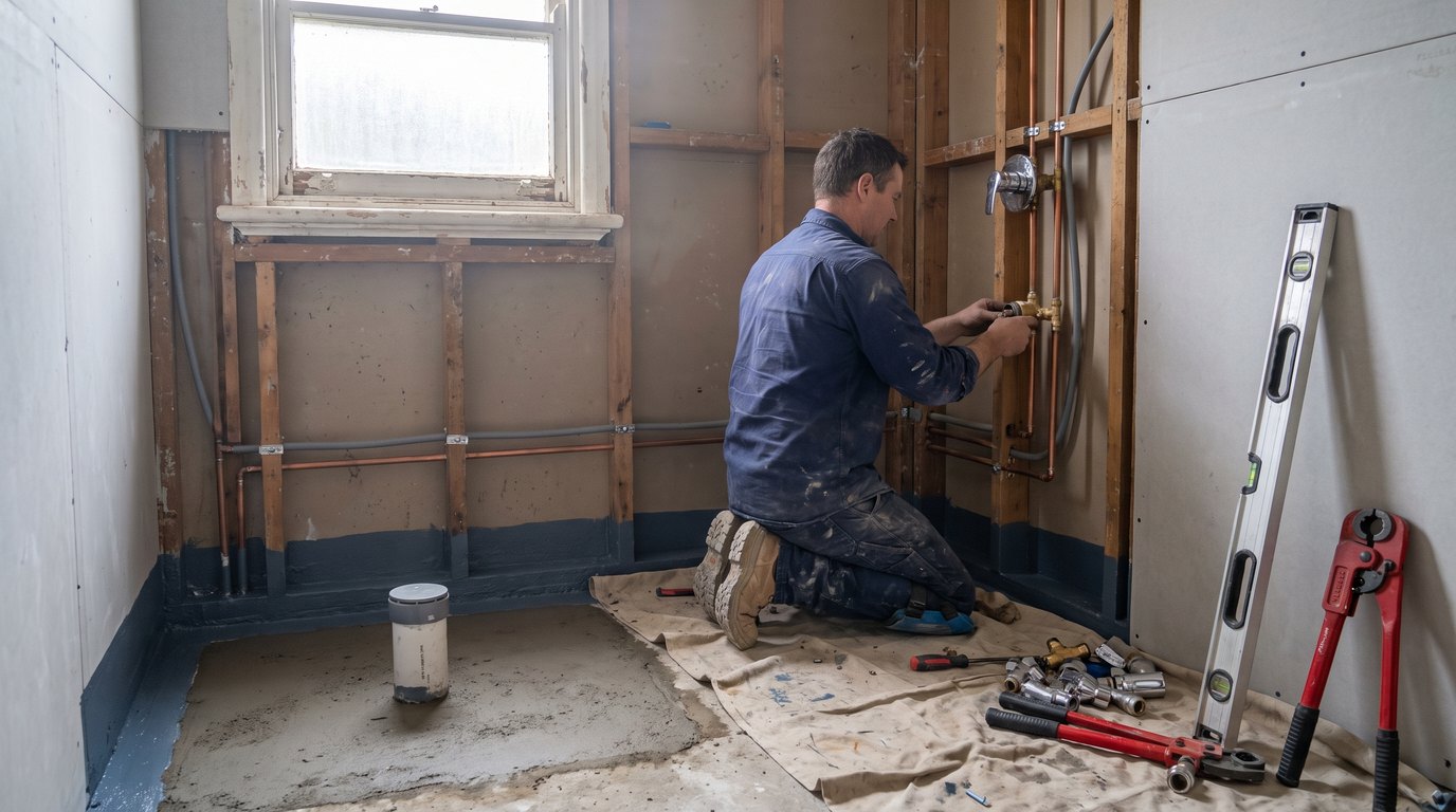 Licensed plumber fitting a wall mixer and copper pipework during a Hobart bathroom renovation