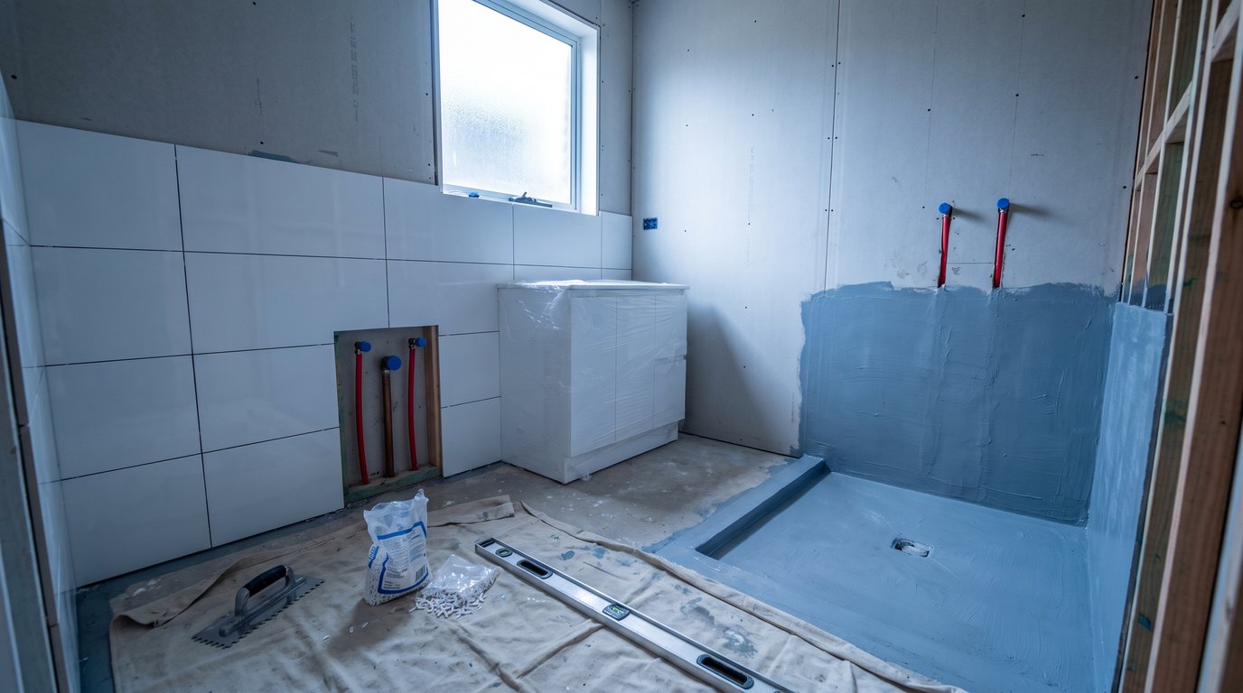 Hobart bathroom mid-renovation with part-tiled walls, waterproofing membrane in the shower recess and capped pipe stub-outs