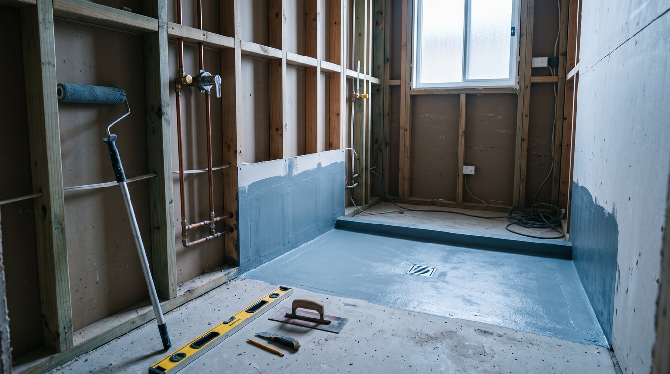 Hobart bathroom stripped back mid-renovation with copper pipes roughed into stud framing and waterproofing membrane part applied