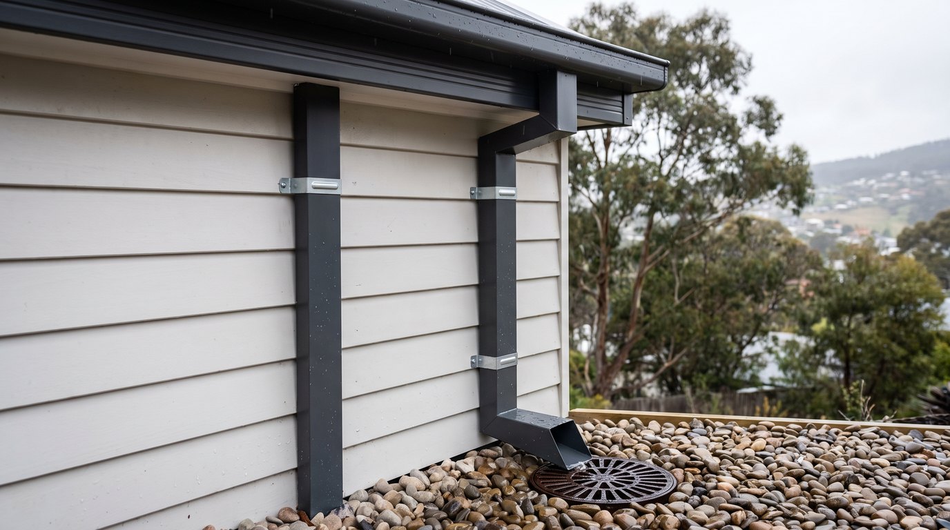 Charcoal Colorbond rectangular downpipe running down a weatherboard wall to a stormwater grate on a Hobart home