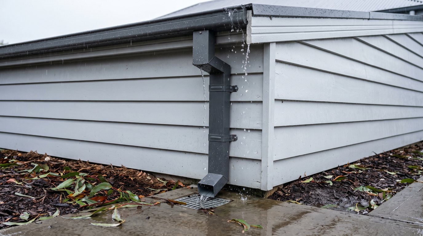 Rainwater overflowing from a quad gutter beside a charcoal Colorbond downpipe on a wet Hobart weatherboard home