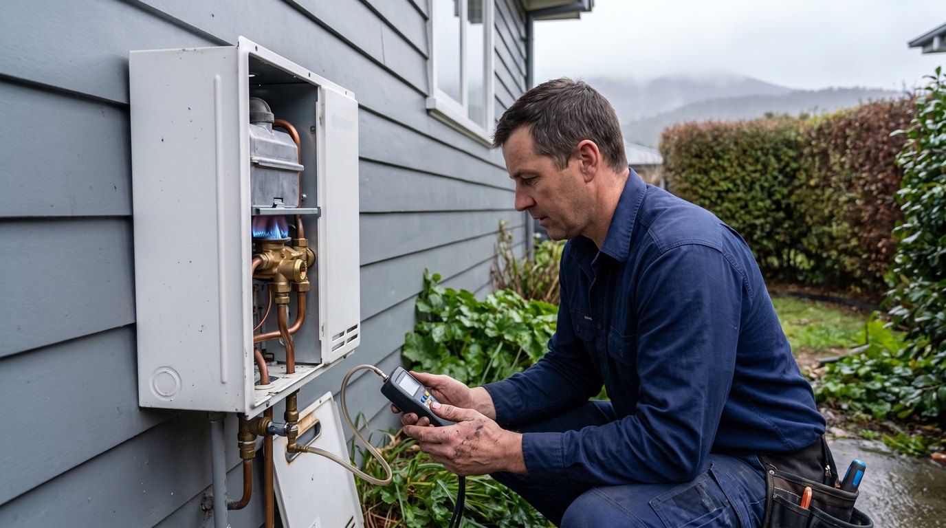 A licensed gas fitter servicing a continuous flow gas hot water unit on the exterior wall of a Hobart home