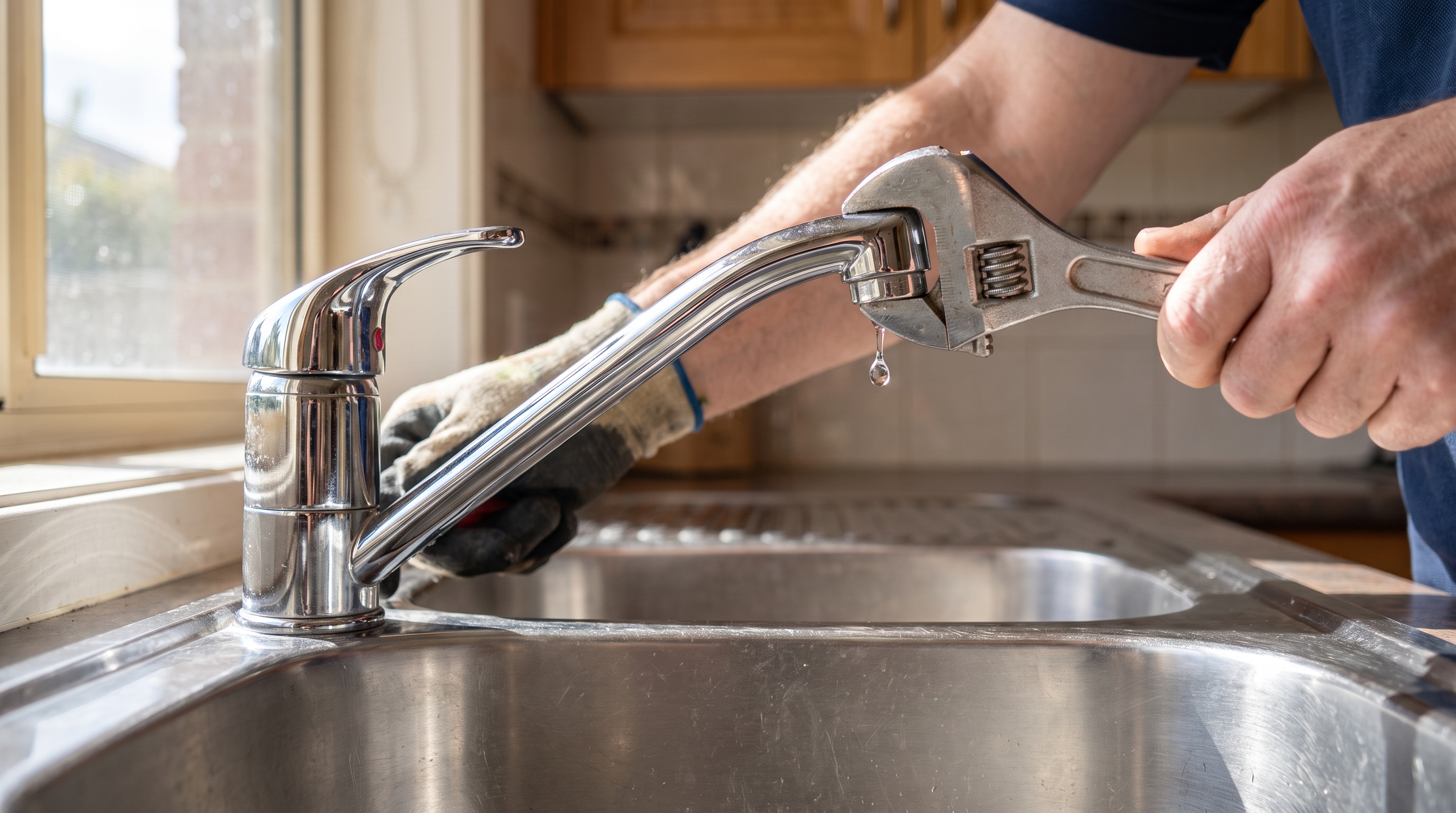Close-up of hands using an adjustable spanner to repair a chrome kitchen mixer tap over a stainless steel sink