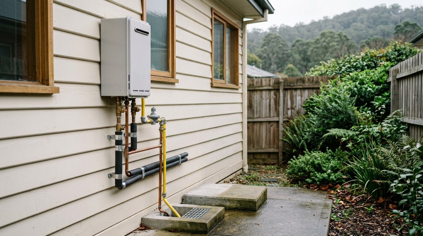 A wall-mounted continuous flow hot water unit installed on the weatherboard exterior of a suburban Hobart home