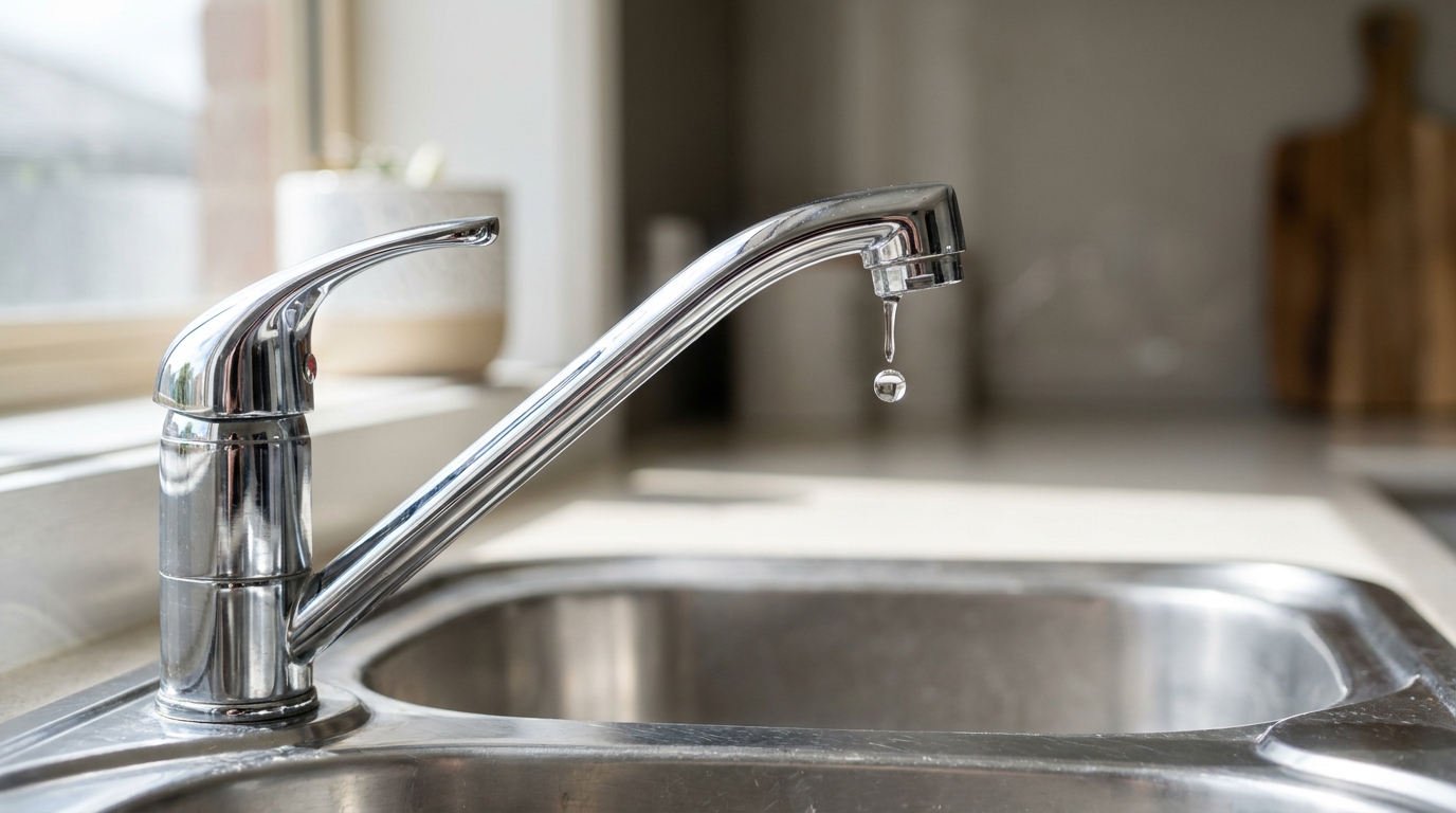 A chrome mixer tap dripping water into a stainless steel kitchen sink in a Hobart home