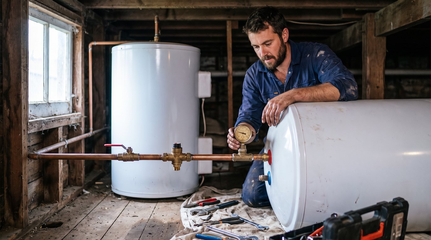 Plumber testing water pressure with a gauge on the copper pipework of a hot water cylinder