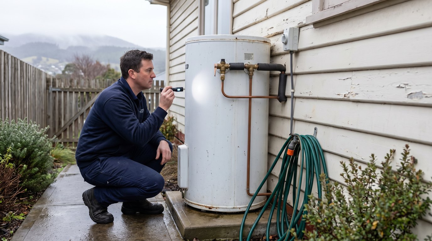 A plumber inspecting the pipework on an electric storage hot water cylinder outside a Hobart home