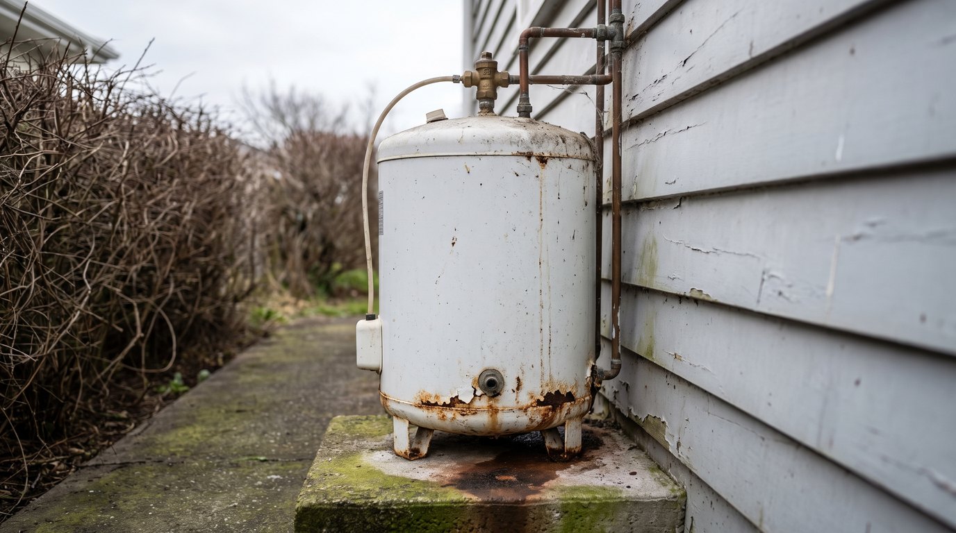 An ageing electric storage hot water cylinder with rust staining at its base beside a weatherboard Hobart home