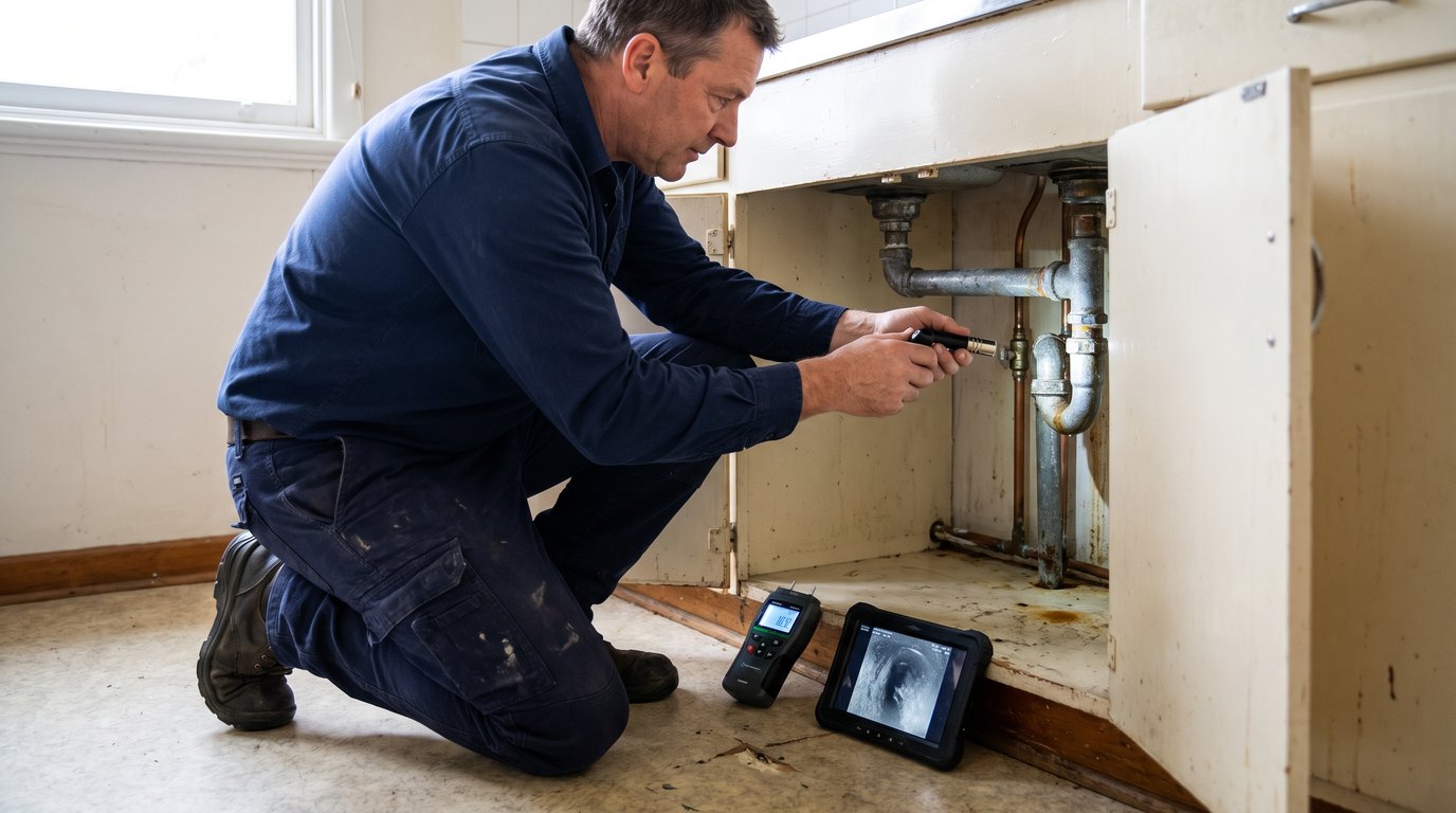 A licensed plumber checking pipework under a kitchen sink during a residential plumbing inspection in an older Hobart home