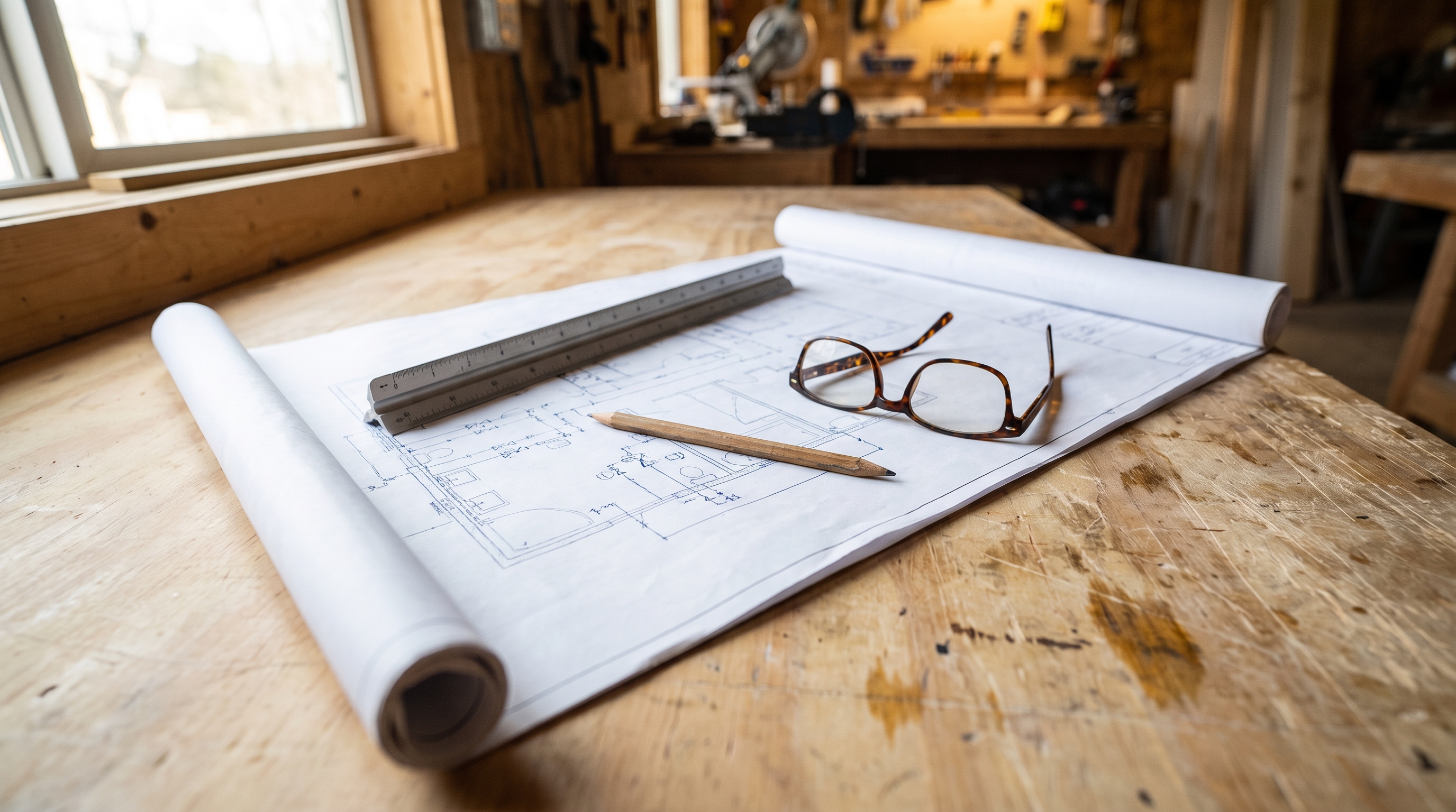 A rolled-out residential plumbing layout plan on a timber workbench with a scale ruler, pencil and reading glasses