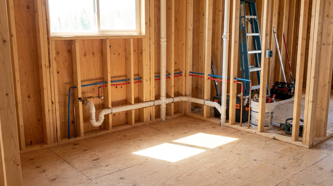 Plumbing rough-in inside a new home, with white PVC drainage pipes and water supply lines running through exposed timber wall framing