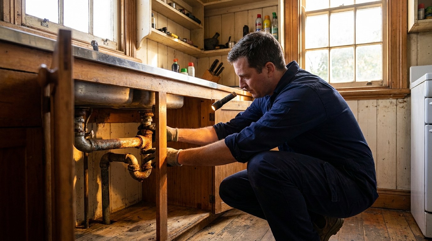A licensed plumber inspecting corroded galvanised pipes under the sink of an older Hobart home