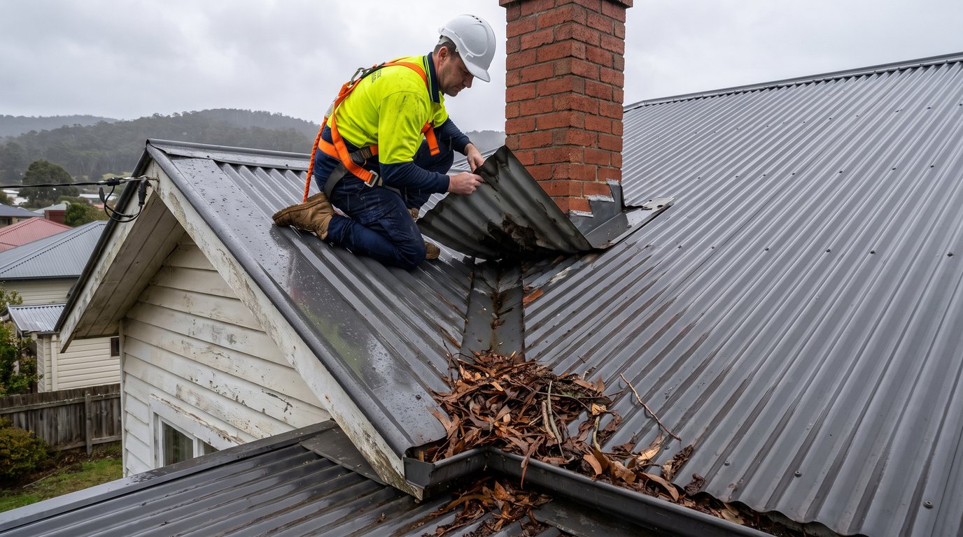 A licensed roof plumber inspecting storm-damaged metal roof sheeting and chimney flashing on a Hobart home