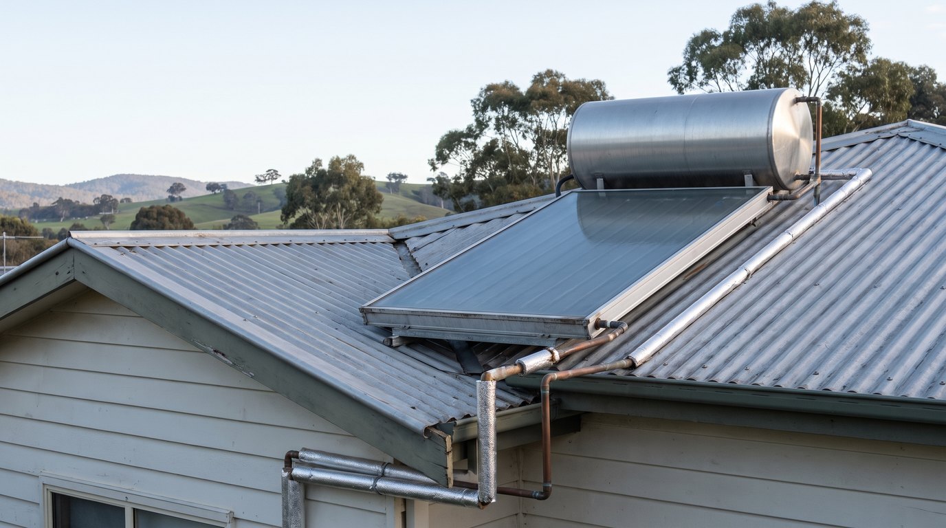 Flat plate solar hot water collector and roof-mounted storage tank on a Tasmanian home