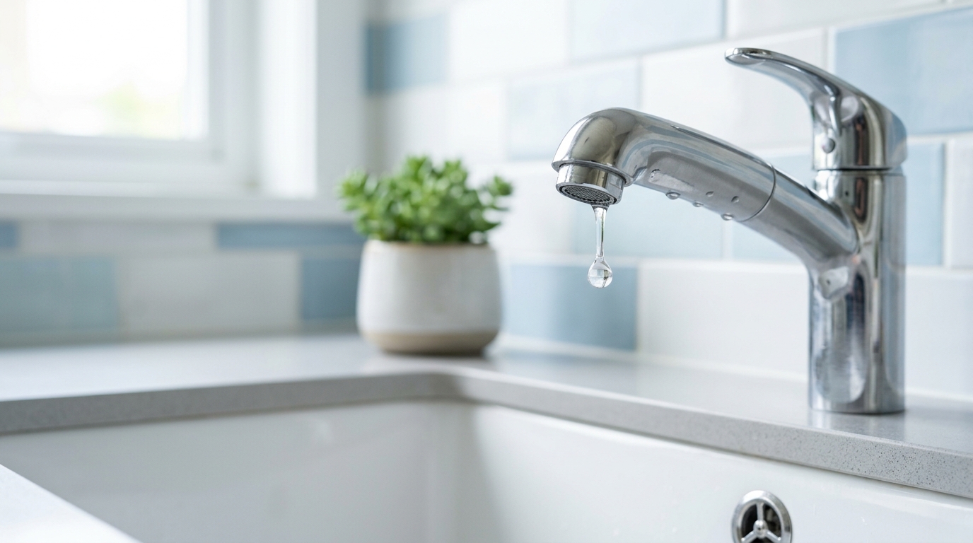 A single water droplet falling from a modern chrome tap