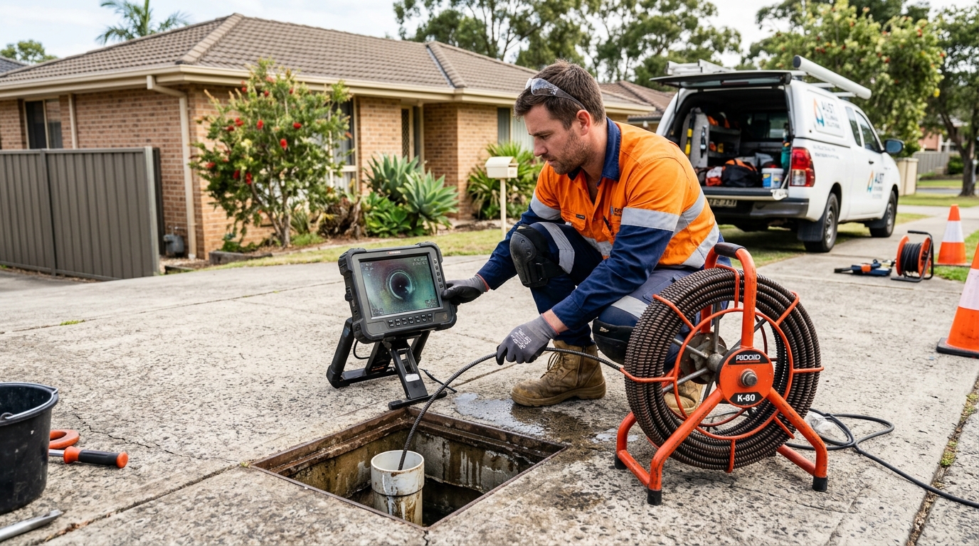Plumber using a CCTV drain camera in Hobart