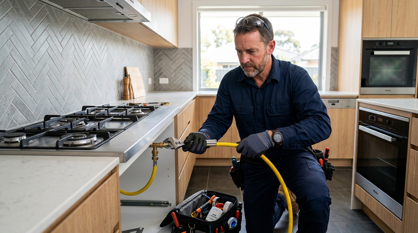 Licensed gas fitter connecting a cooktop in Hobart