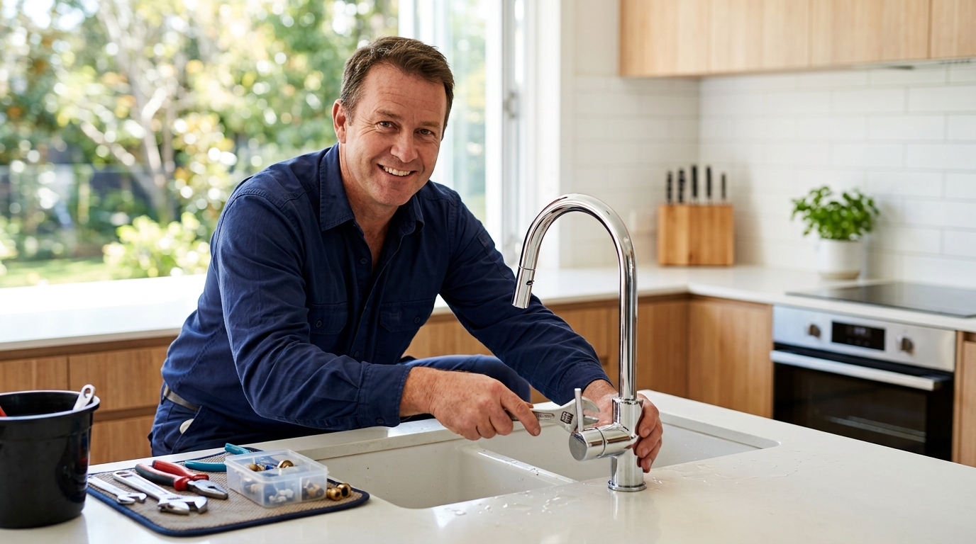 Residential plumber fixing a kitchen tap in Hobart
